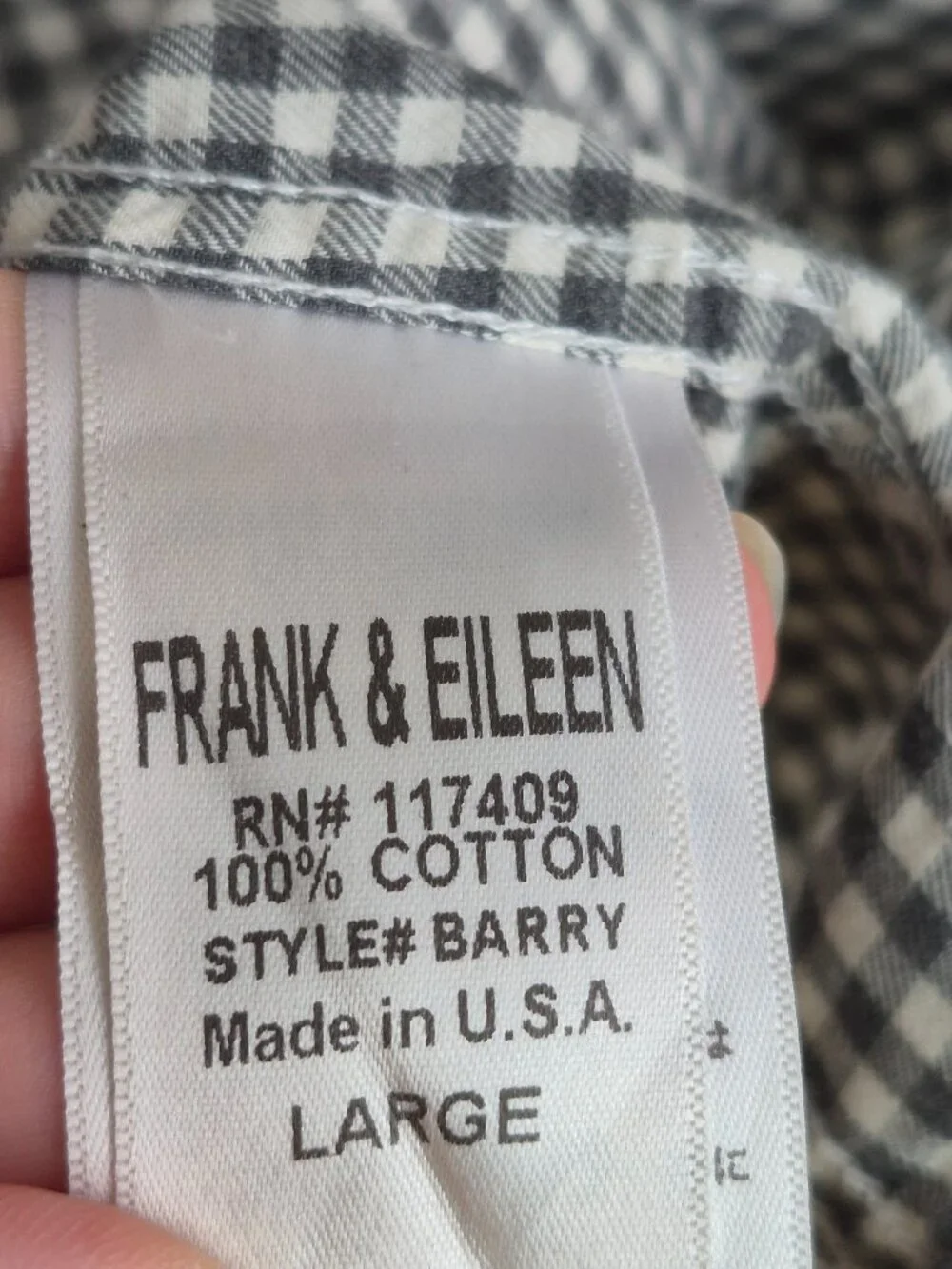 Frank & Eileen Barry Shirt Women’s L Gray White Gingham 100% Cotton Made USA